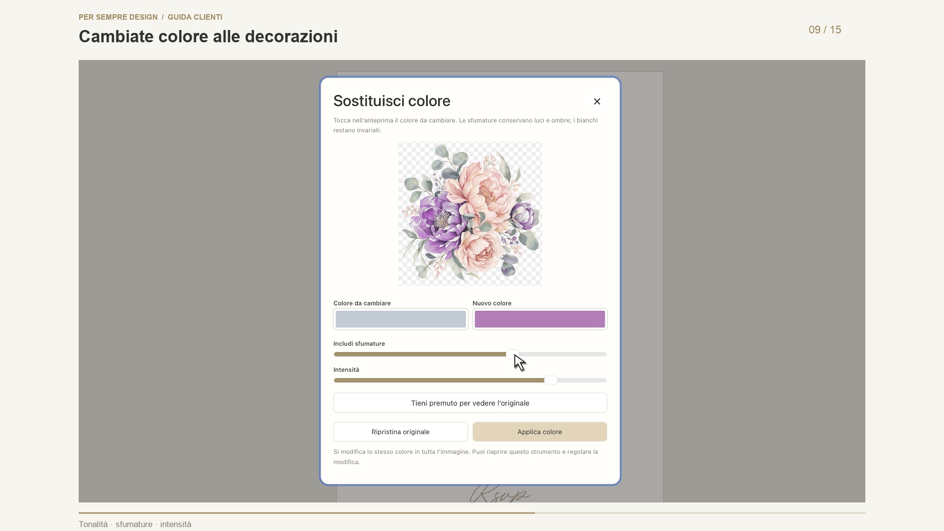 Strumento Sostituisci colore con anteprima floreale, sfumature e intensità