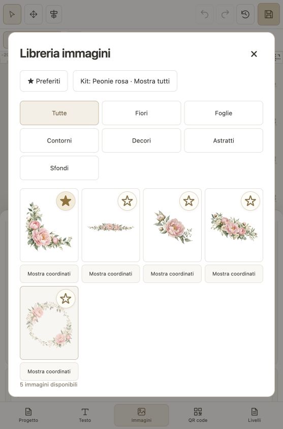 Screenshot della libreria: peonie rosa, kit coordinati e preferiti personali