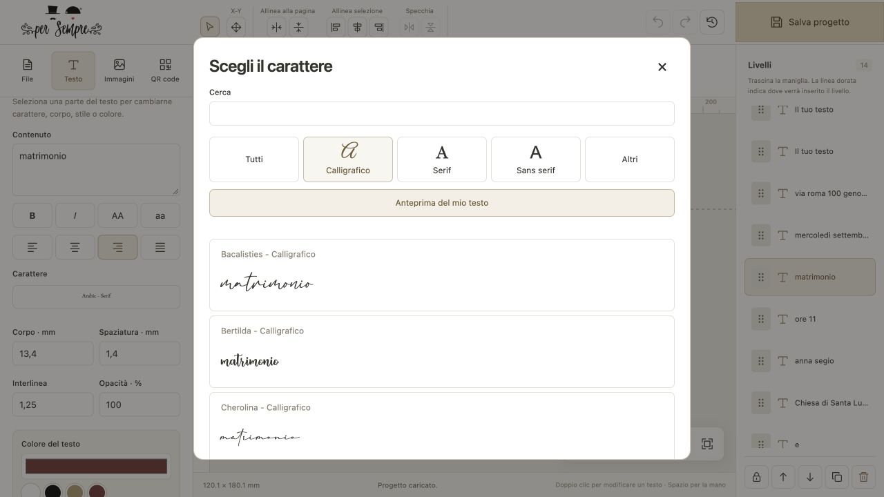 Screenshot del selettore caratteri dell’editor